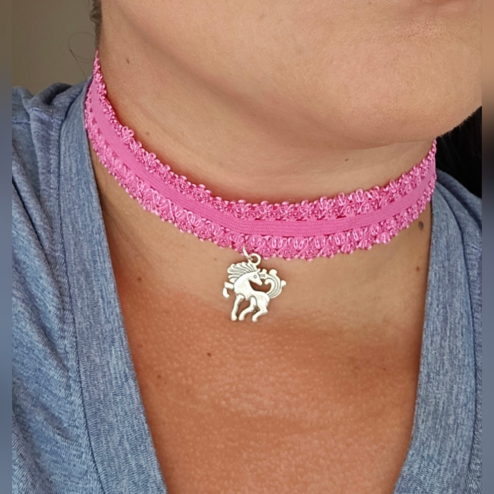 Plus Size Handmade Pink Elastic Lace Choker Necklace Mystical Horse Charm